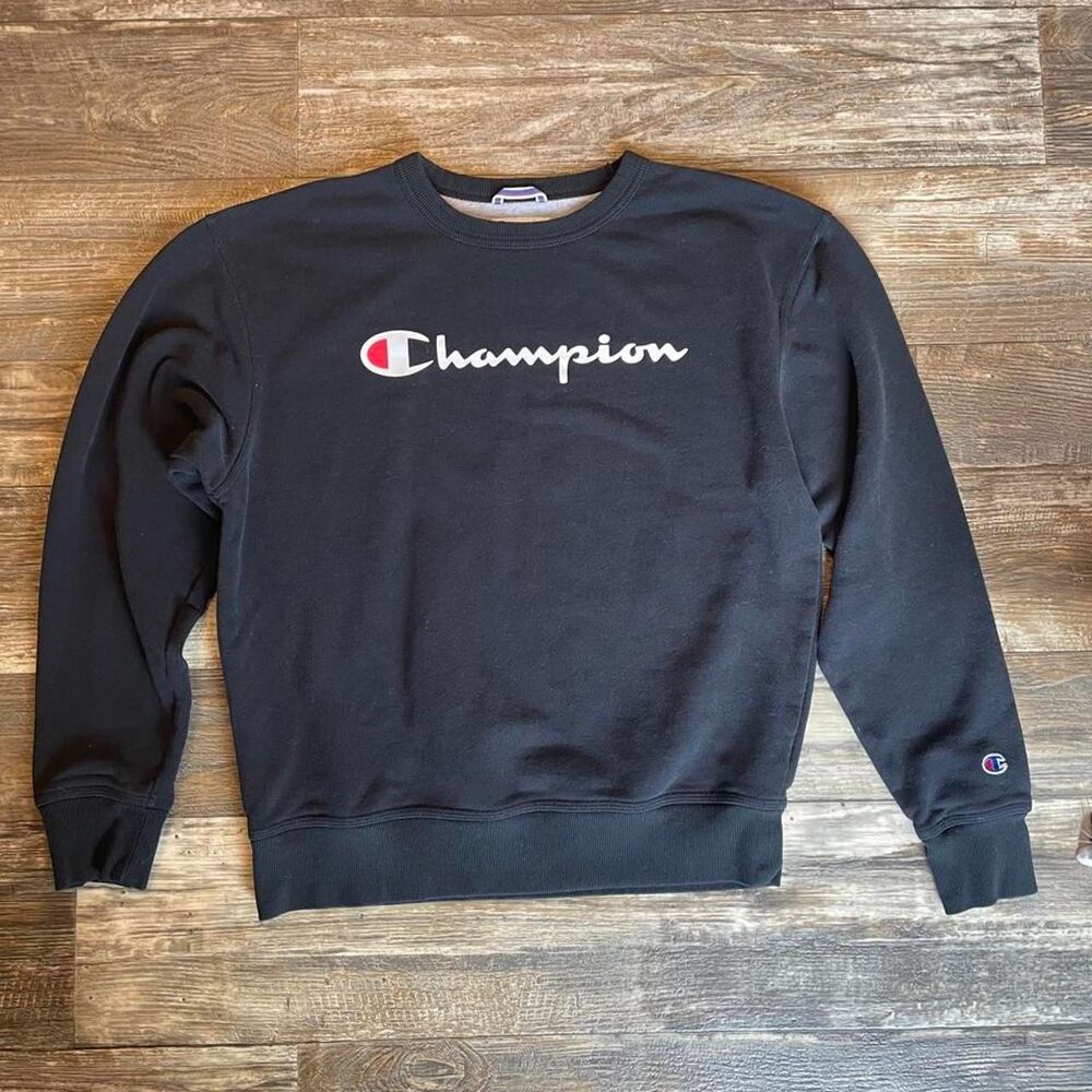 Men’s Champion Black Script Spell Out Logo Crewneck Sweatshirt Medium